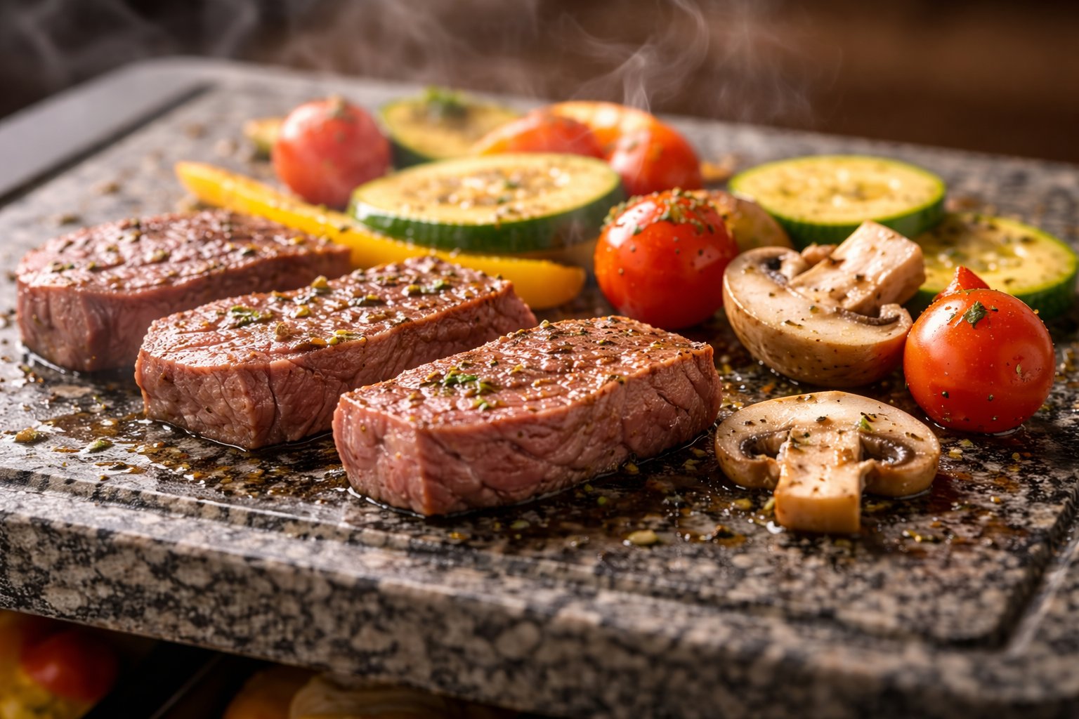 Nahaufnahme von Fleisch und Gemüse auf einer heißen Steinplatte eines Raclettes.