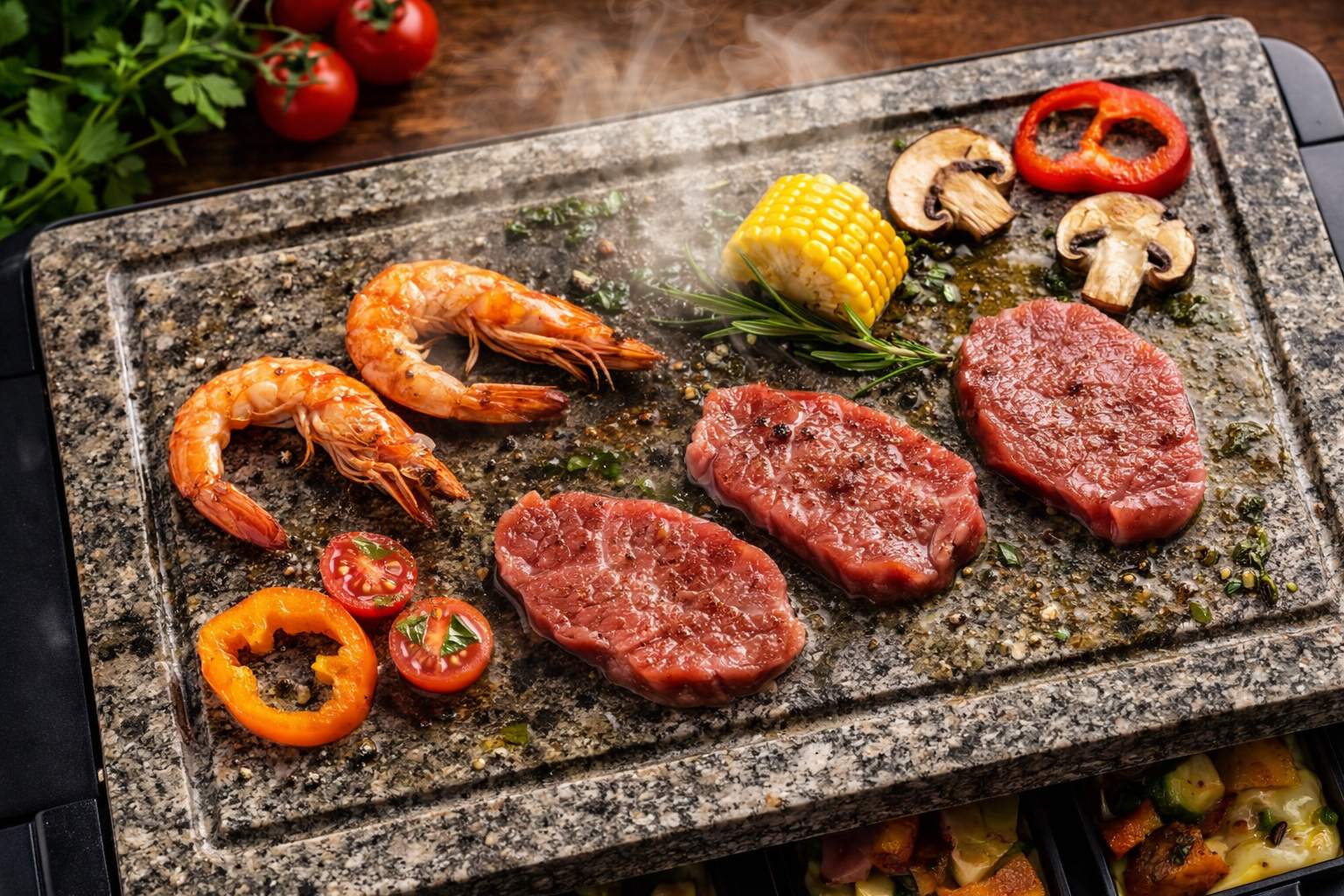 Nahaufnahme eines heißen Natursteins auf einem Raclette-Gerät mit gegrilltem Gemüse und Garnelen