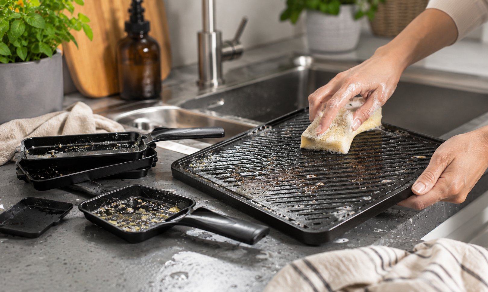 Abnehmbare Raclette-Grillplatte und Pfännchen werden nach dem Essen gereinigt