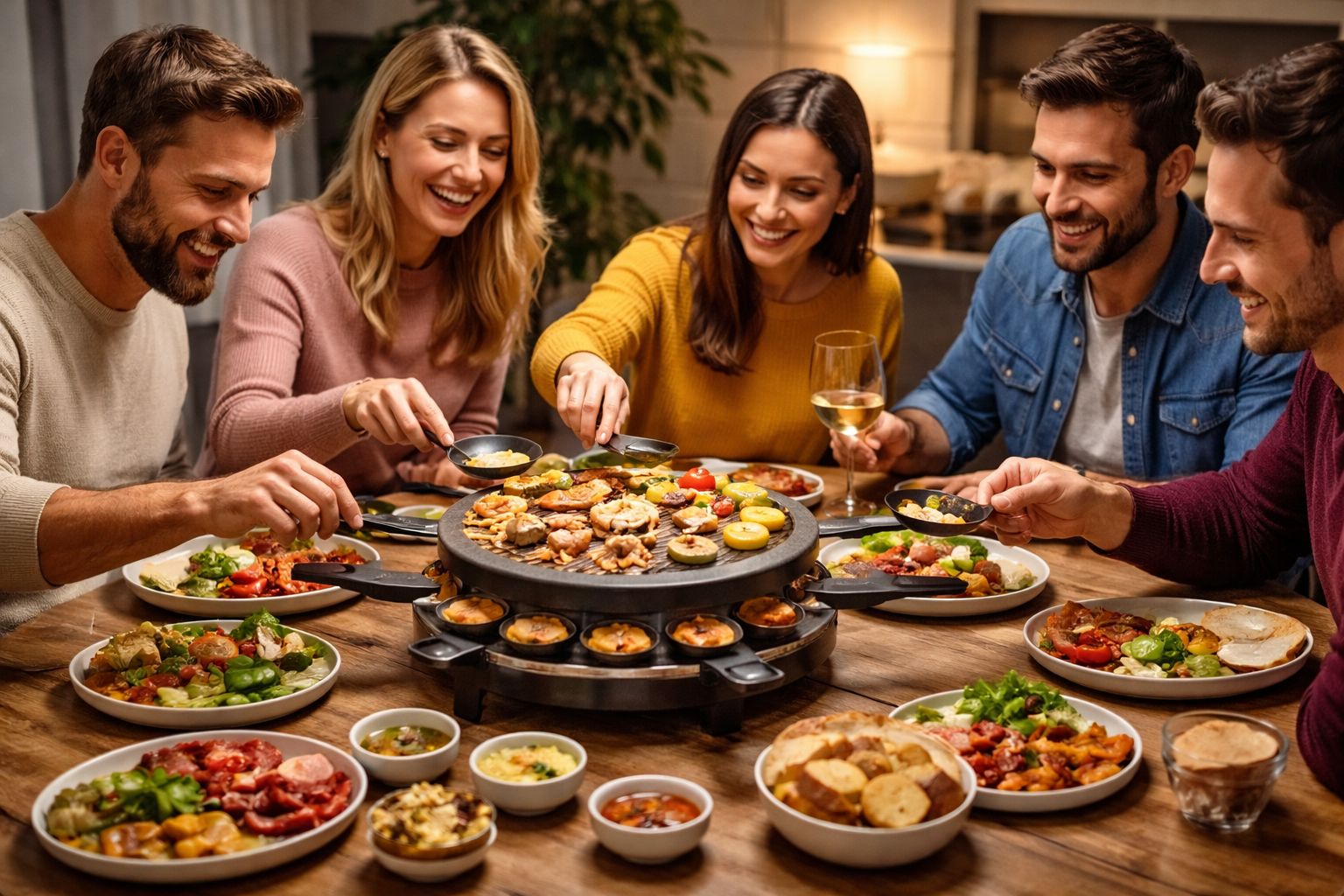 Gesellige Runde beim Raclette-Essen mit rundem Gerät in der Tischmitte