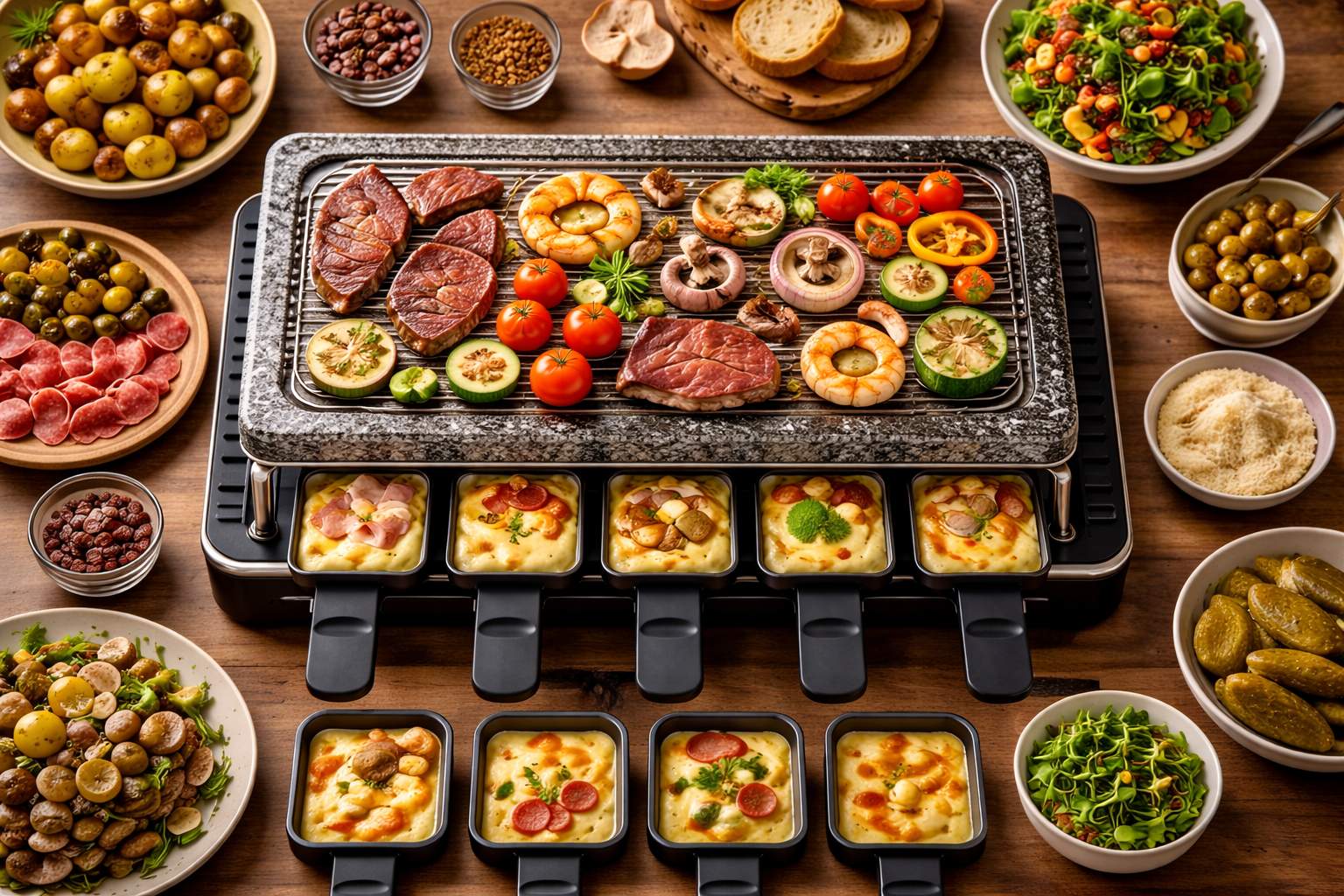 Raclette-Grill mit mehreren Pfännchen und geschmolzenem Käse von oben fotografiert